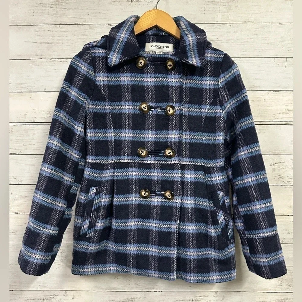 London Fog Girls Plaid Hooded Pea Coat Size 14/16